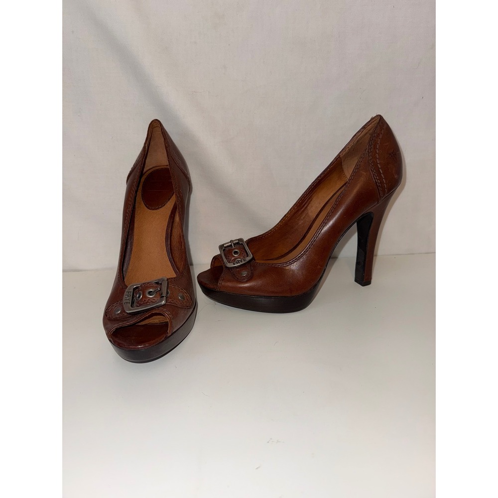 Frye Gail Pump Cognac Brown Leather Peep Toe Buckle Platform Heels 73783